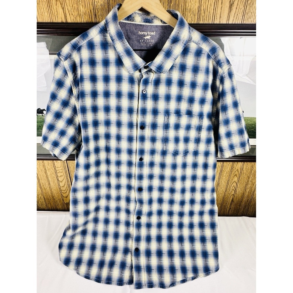 Horny Toad Shirt Mens BLUE Plaid Organic Cotton Button Down Short Sleeve XXL 2XL